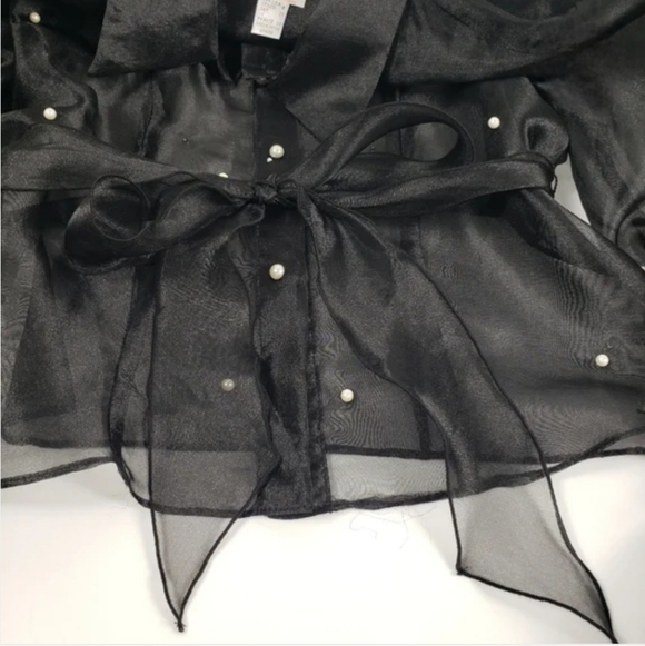 Joseph Ribkoff Black Sheer Organza Blouse Faux Pearls Bell Sleeve Tie Waist NWT4 - Picture 4 of 13